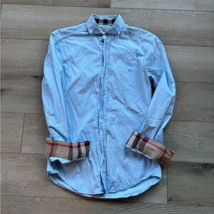 Burberry Light Blue Shirt with Plaid Cuffs